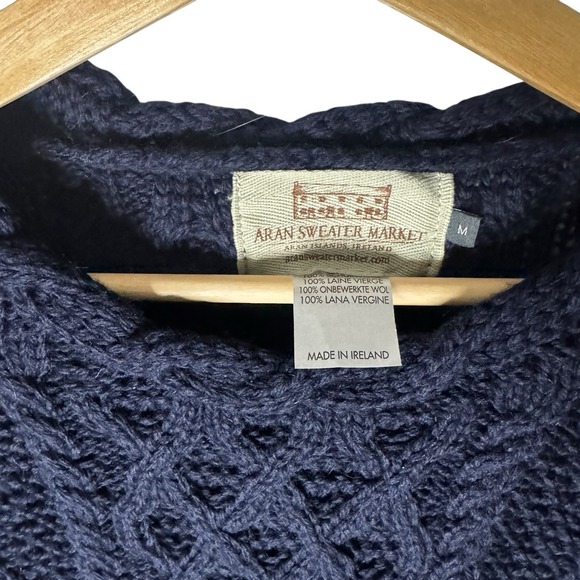 Aran Sweater Market Women's Navy Blue Cable Knit 100% Virgin Wool Medium Ireland - Picture 3 of 4